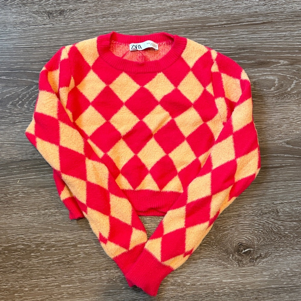 Zara Vibrant Red and Yellow Cropped Diamond Sweater